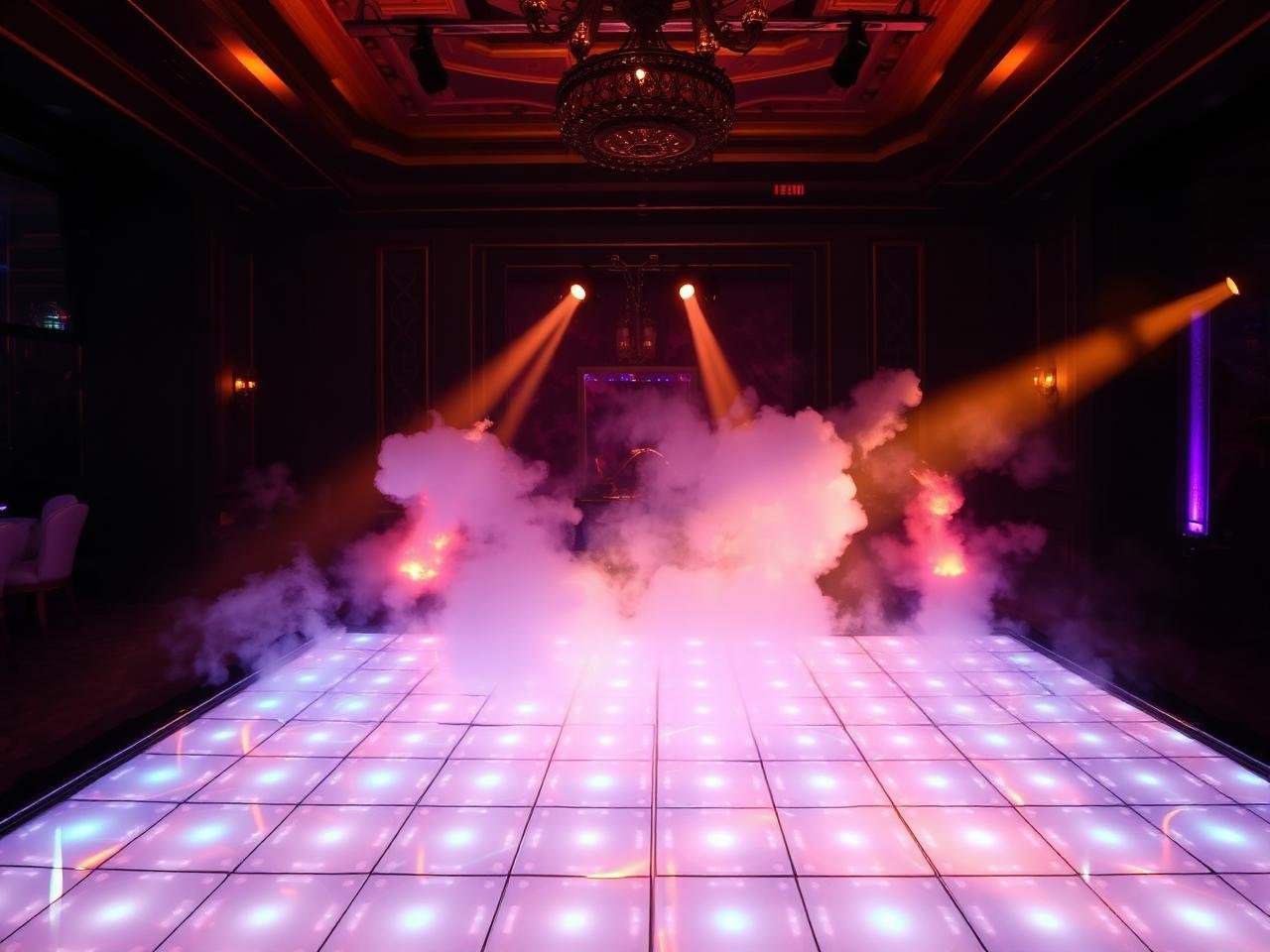 LED dance floor with low fog and moving lights
