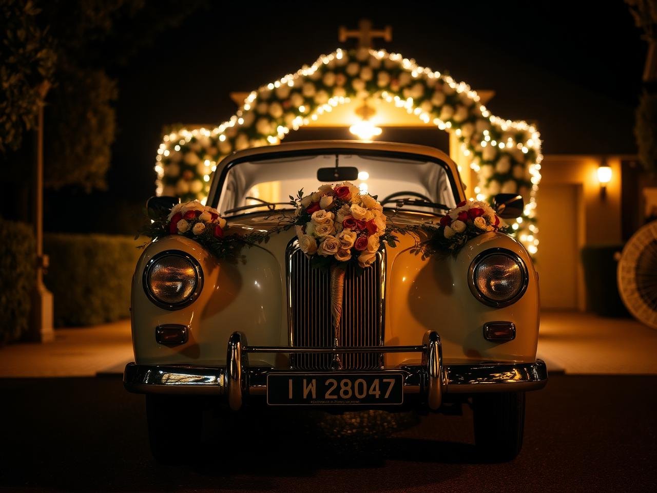 Vintage car entry decorated with florals